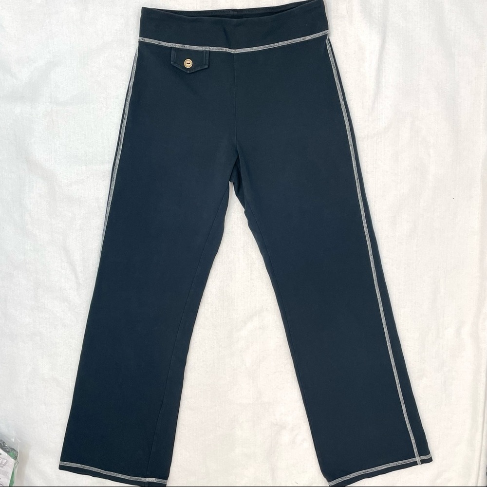 Soma Navy wide leg pull-on knit pants white stitching button flap pockets Medium
